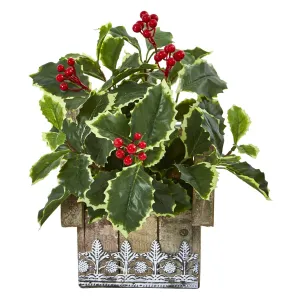 12” Variegated Holly Leaf Artificial Plant in Hanging Floral Design House Planter (Real Touch)