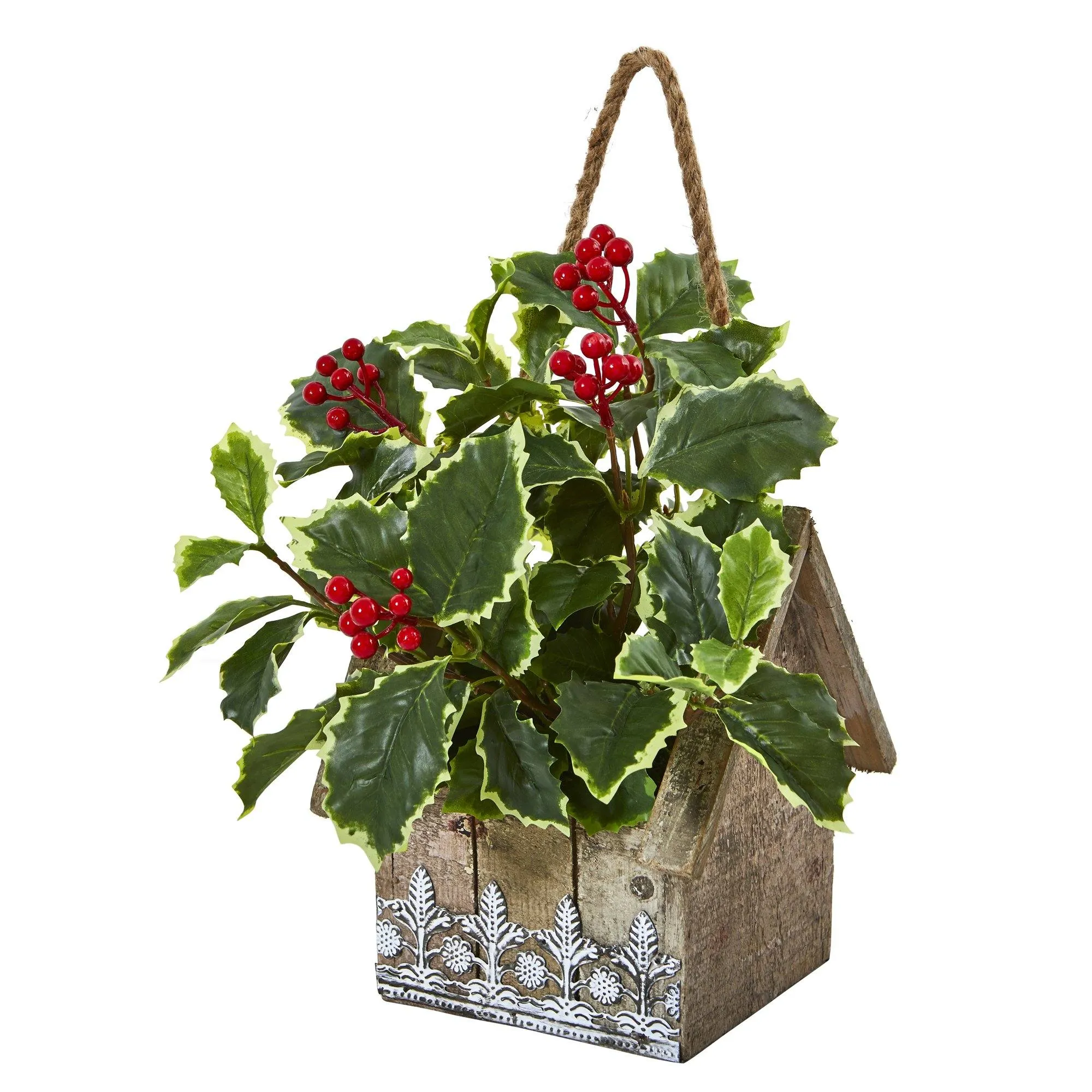 12” Variegated Holly Leaf Artificial Plant in Hanging Floral Design House Planter (Real Touch)