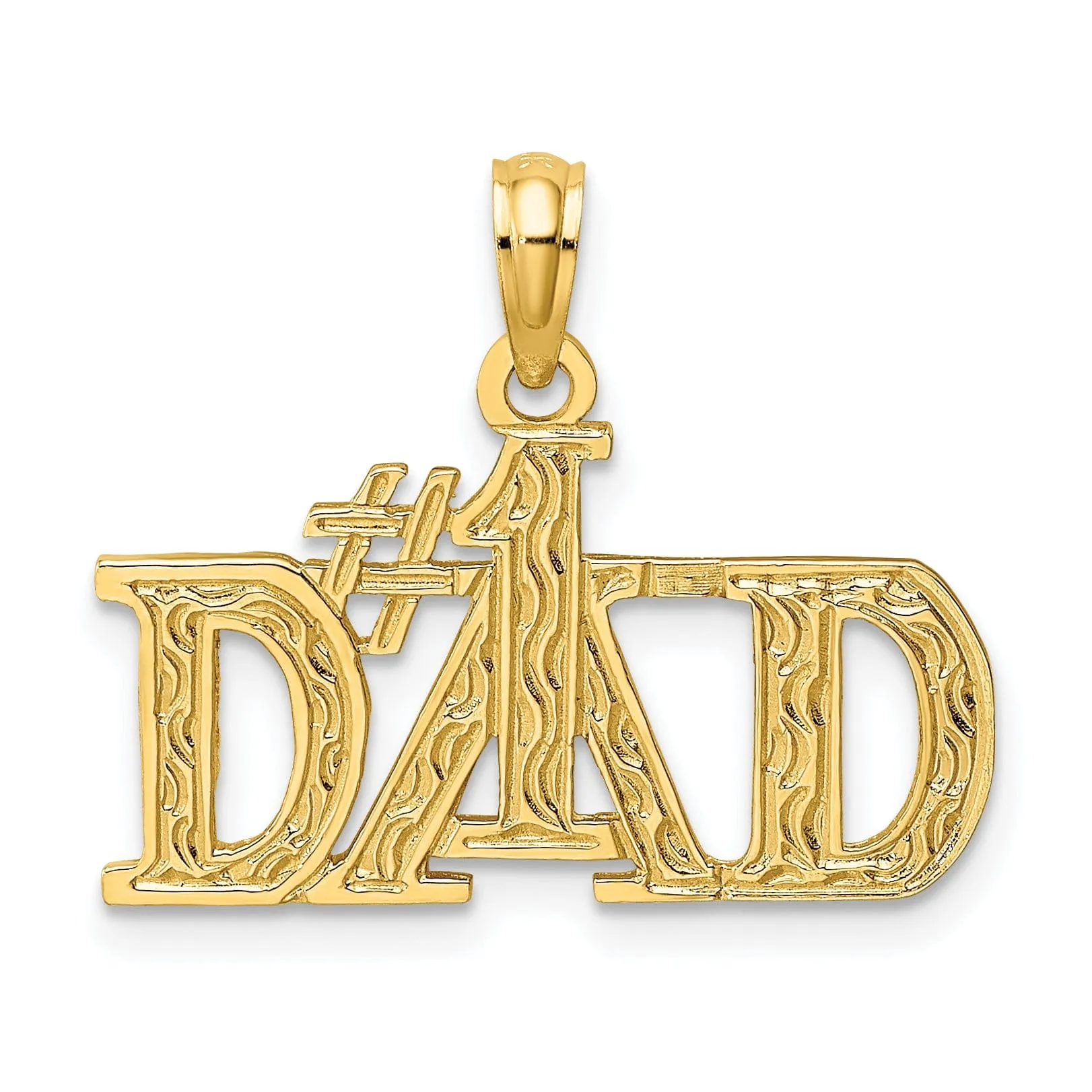 14K White Gold Polished Textured Finish Flat Back Script #1 DAD Charm Pendant