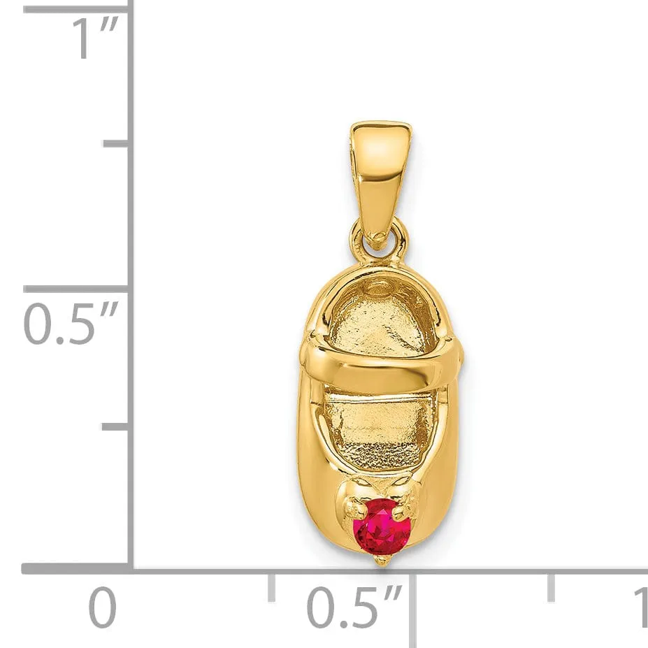 14k Yellow Gold Ruby Stone 3D Baby Shoe Charm