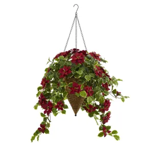 3.5’ Poinsettia and Variegated Holly Artificial Plant in Hanging Cone Basket (Real Touch)