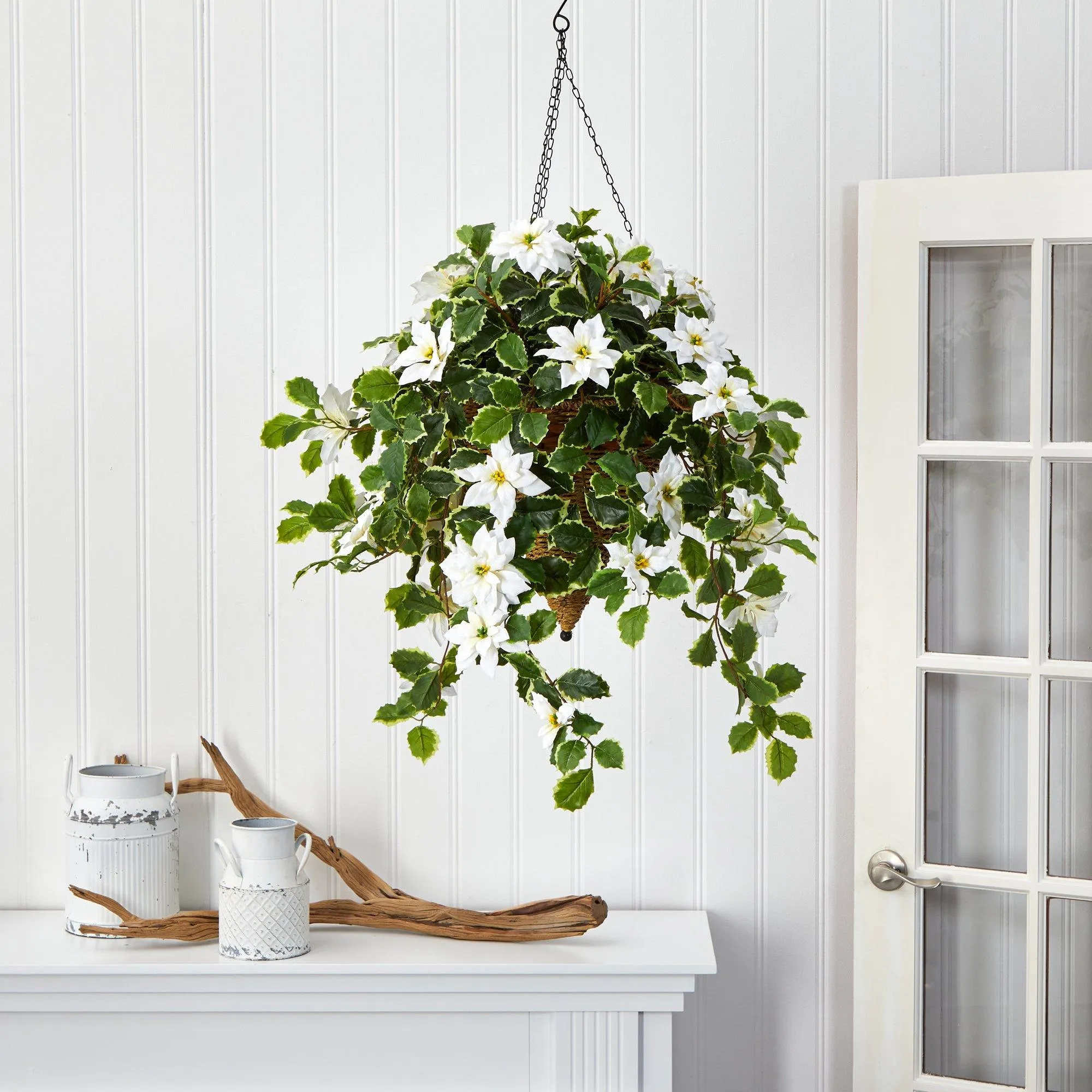 3.5’ Poinsettia and Variegated Holly Artificial Plant in Hanging Cone Basket (Real Touch)