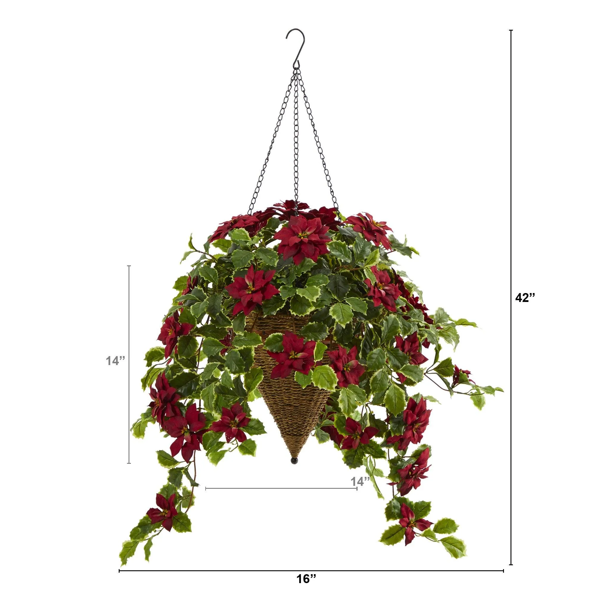 3.5’ Poinsettia and Variegated Holly Artificial Plant in Hanging Cone Basket (Real Touch)