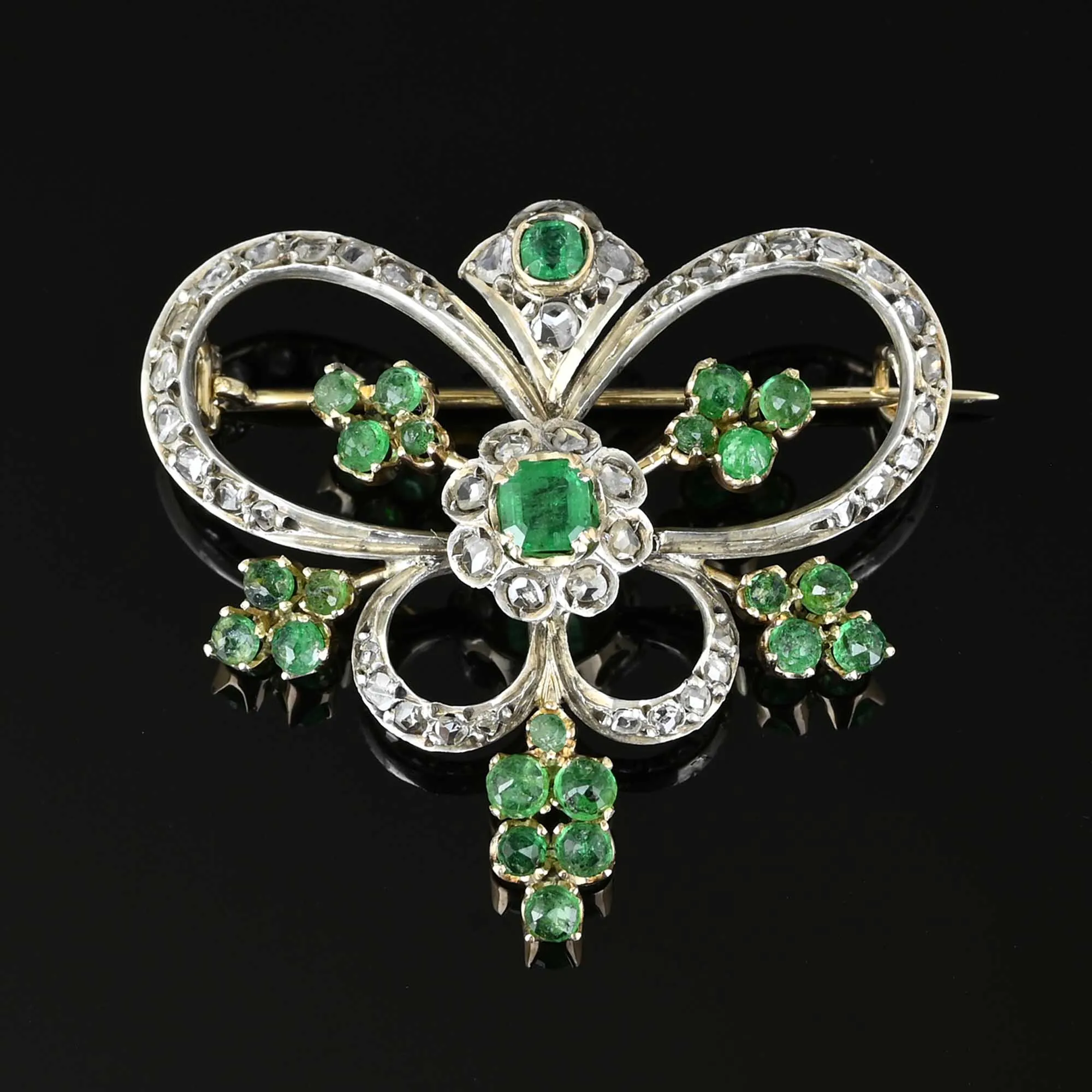 Antique Rose Cut Diamond Emerald Butterfly Brooch