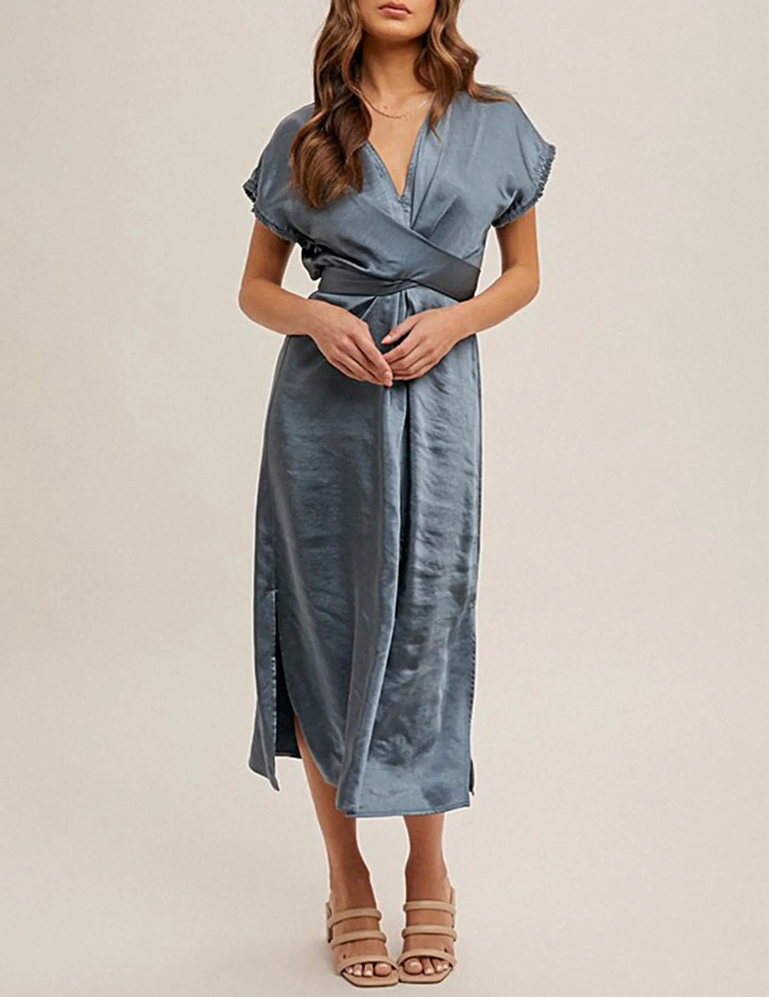 Becca Fringed Satin Wrap Dress