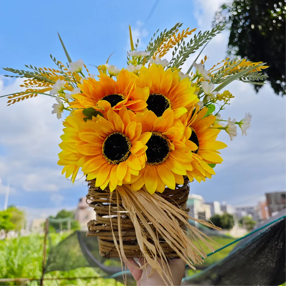 Bulk Artificial Sunflower Door Hanger Basket Wreath Summer Ornament for Front Door Porch Farmhouse Decor Wholesale