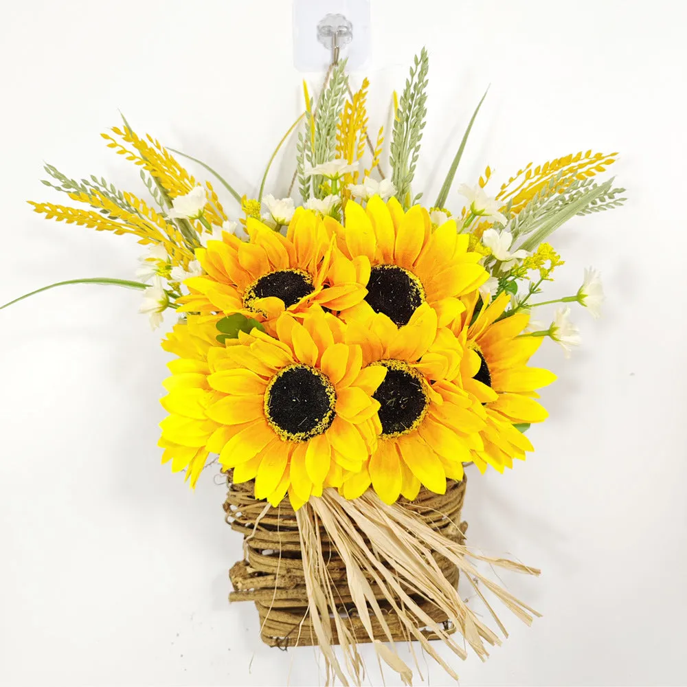 Bulk Artificial Sunflower Door Hanger Basket Wreath Summer Ornament for Front Door Porch Farmhouse Decor Wholesale