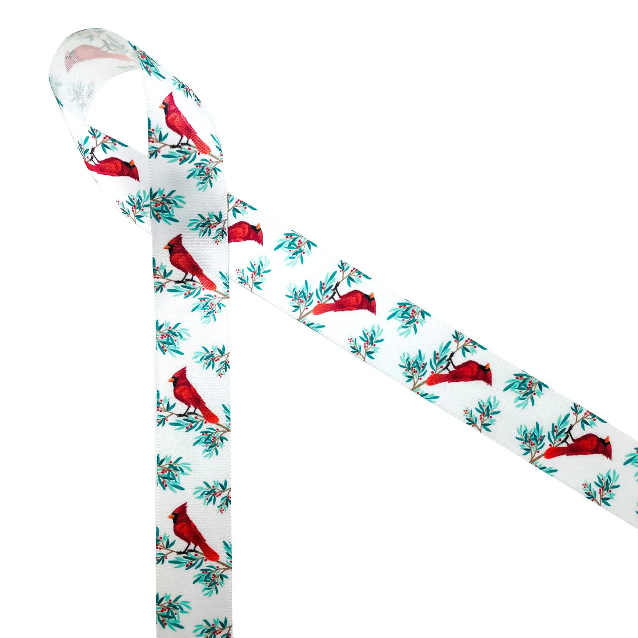 Cardinal ribbon red cardinals on pine branches with red berries printed on 7/8" white satin