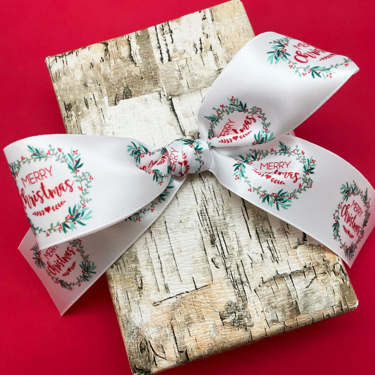 Christmas Ribbon Merry Christmas printed on  1.5" white  satin