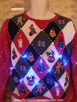 Diamond Pattern Grid of Fun Tacky Xmas Sweater with Lights