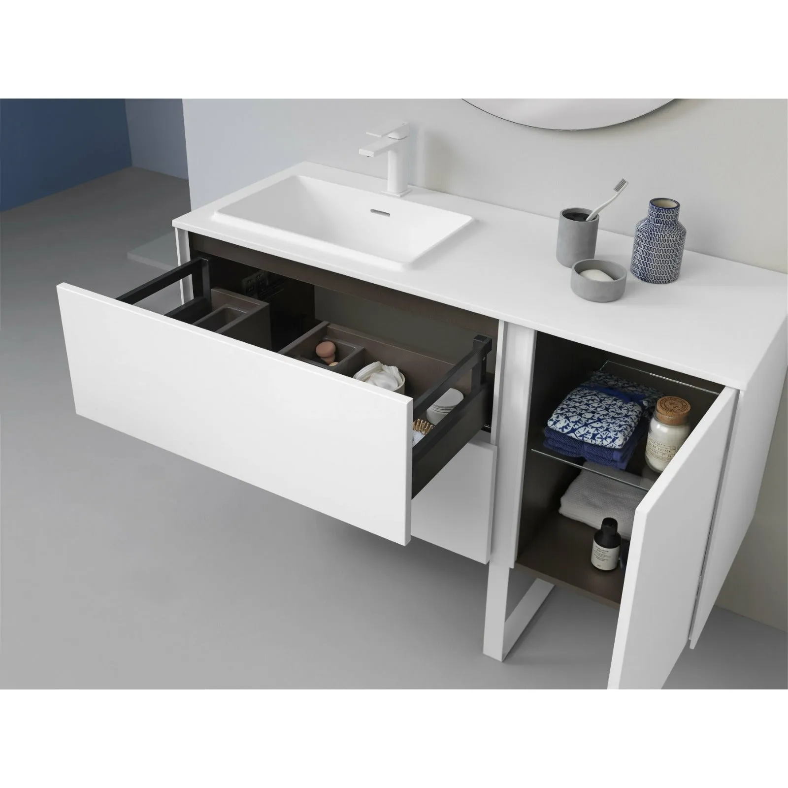 Frontline Matt White Floor Standing Bluetooth Vanity Unit with Ceramic Moon Basin & Slatted Leg(1200mm)