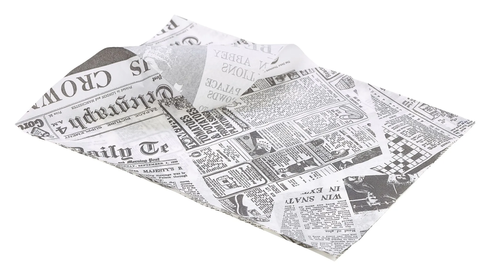 Genware PN1487P Greaseproof Paper White Newspaper Print 25 x 35cm