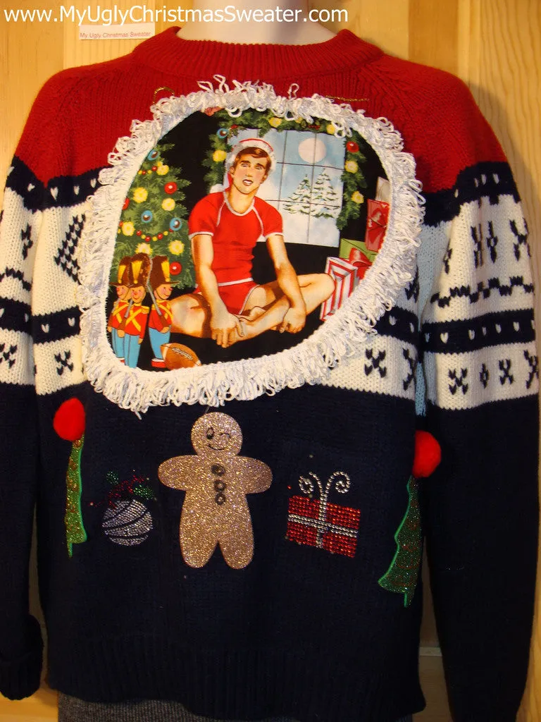 Hottie Guy Tacky Ugly Christmas Mens Sweater Dangling Fringe, & Crafty Decorations (b6)