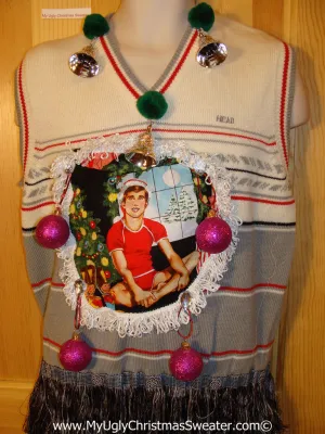 Hottie Guy Tacky Ugly Mens Christmas Sweater Vest Dangling Fringe & 3D Ornaments (b28)