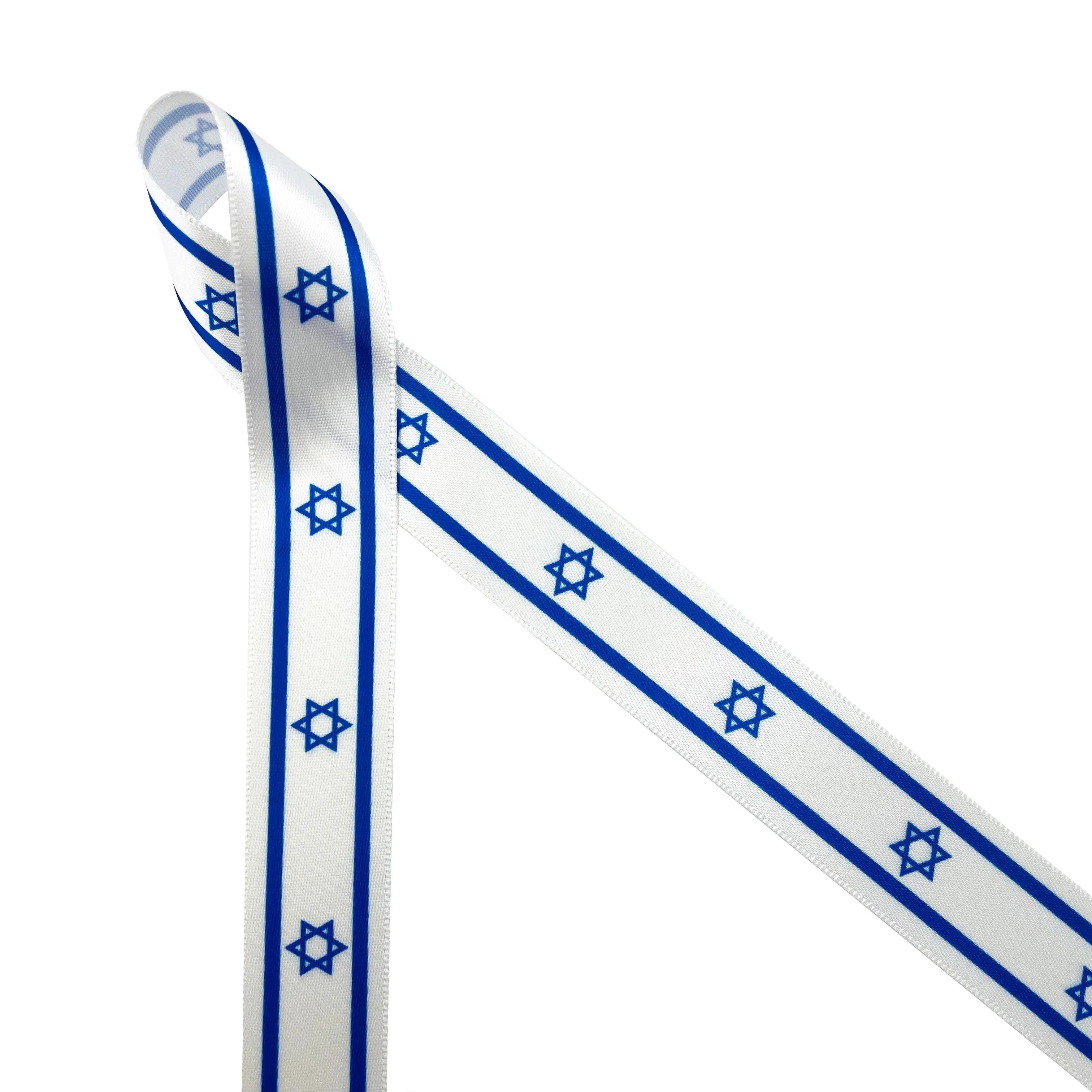 Israeli Flag ribbon royal blue stripe at top an bottom with the Star of David , printed on 5/8" and 7/8" white satin and  7/8"grosgrain