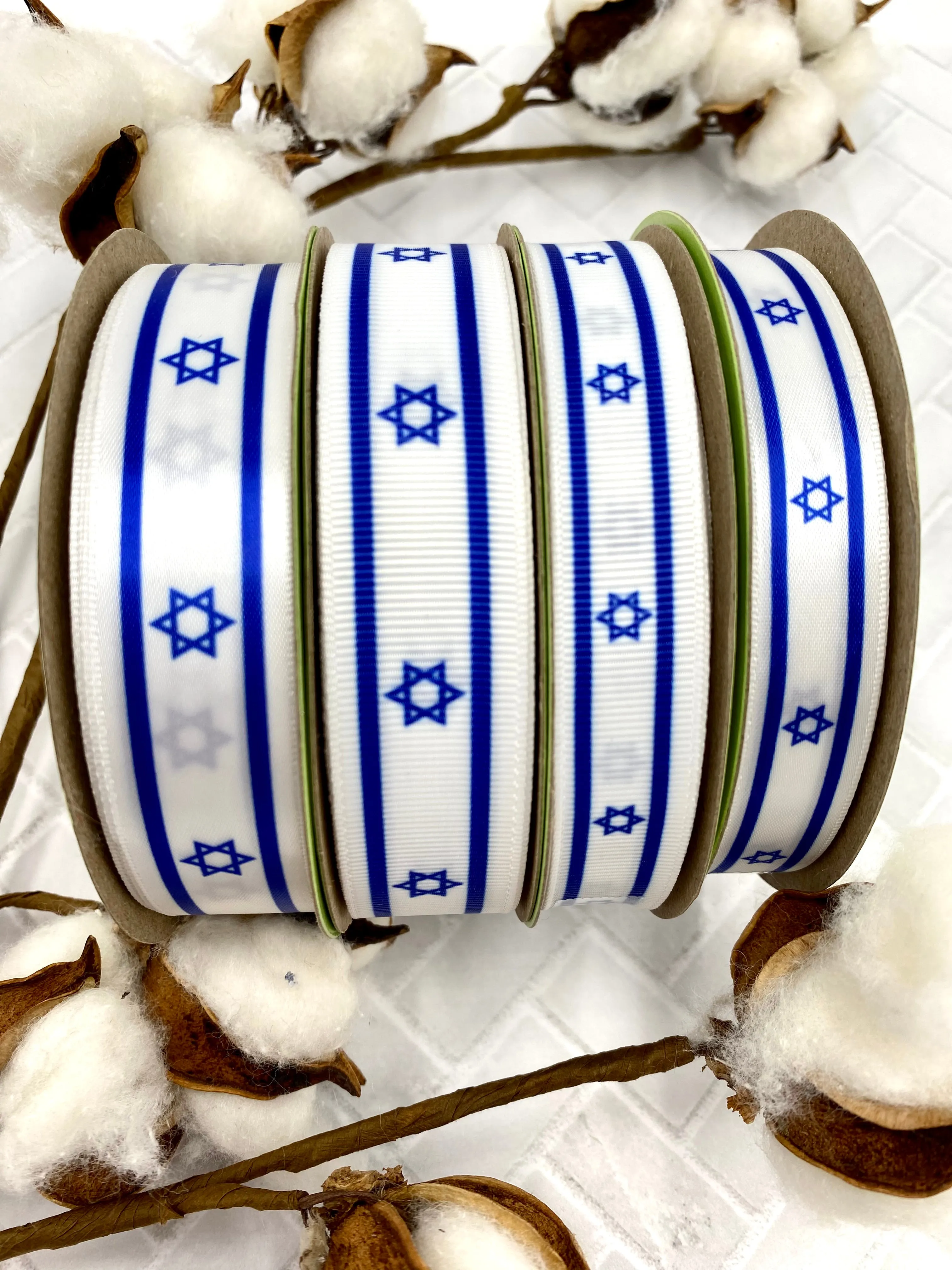 Israeli Flag ribbon royal blue stripe at top an bottom with the Star of David , printed on 5/8" and 7/8" white satin and  7/8"grosgrain