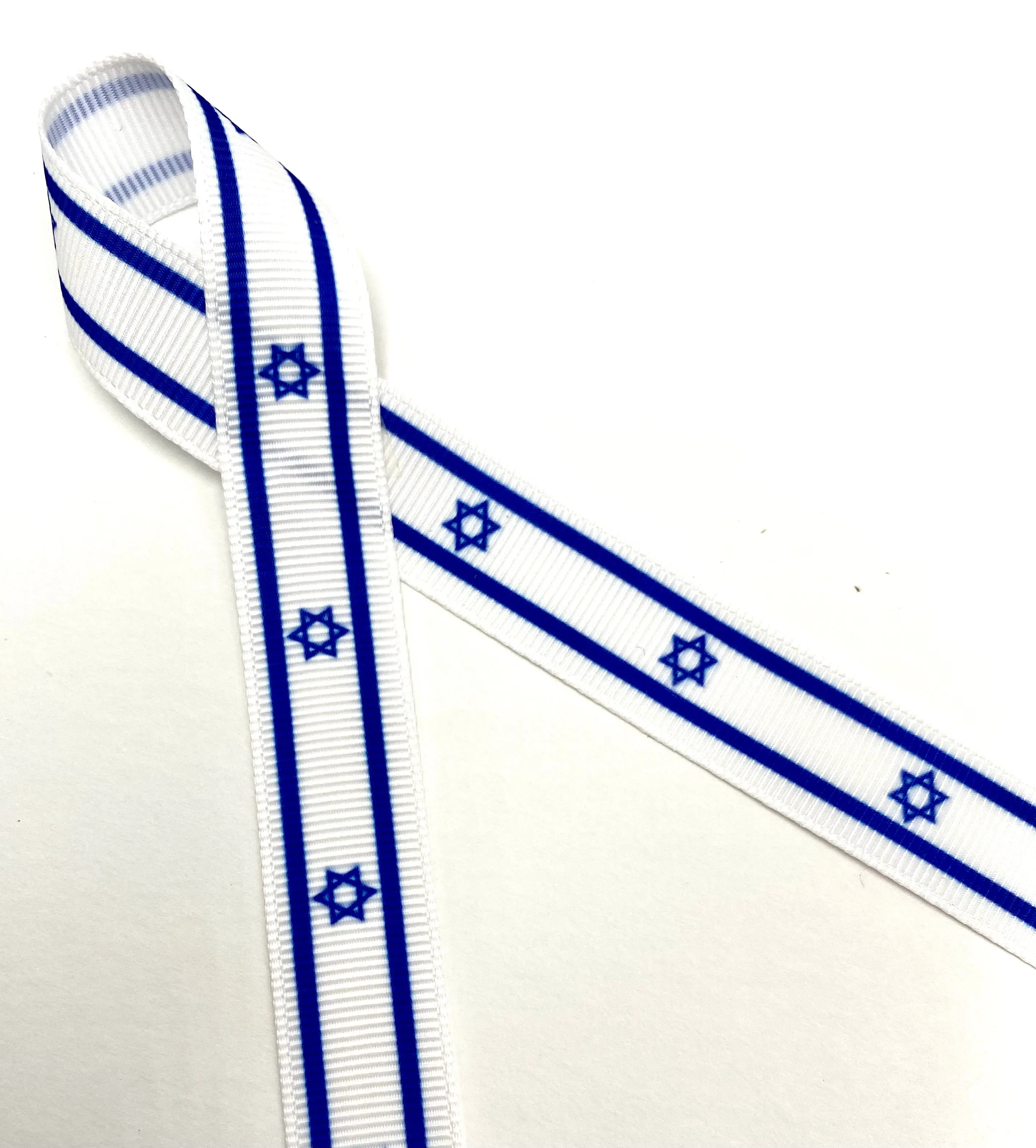 Israeli Flag ribbon royal blue stripe at top an bottom with the Star of David , printed on 5/8" and 7/8" white satin and  7/8"grosgrain