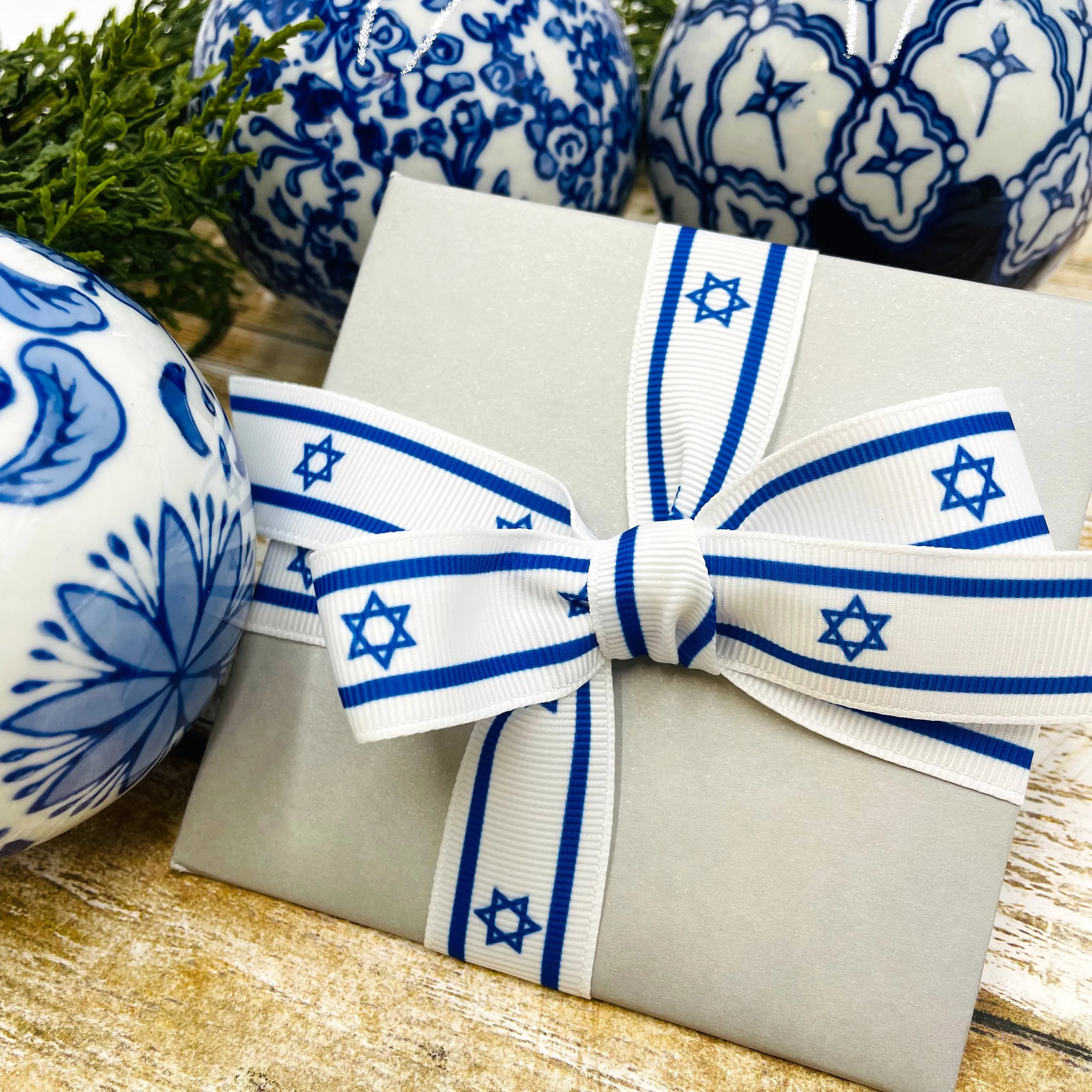 Israeli Flag ribbon royal blue stripe at top an bottom with the Star of David , printed on 5/8" and 7/8" white satin and  7/8"grosgrain