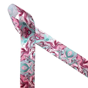 Marbled ribbon in shades of mauve and mint printed on 1.5" white single face satin