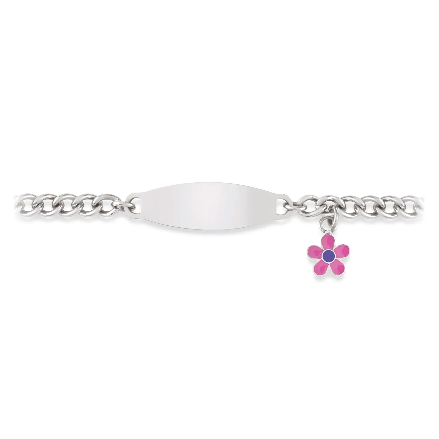 My First ID Bracelet with Plaque and Flower Charm Silver Tone