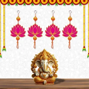 Perpetual Lotus Hangings for Home Decoration - Velvet Handmade Beads Lotus Toran Decoratives for Ganapati Pooja, Ganesh Chaturthi, Diwali, Festive Dcor for Door Entrance, Wall Hanging Pack of 4