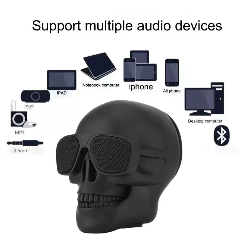 "Immerse Yourself in Music with our Skull Speaker: Wireless Bluetooth-Enabled Mini Stereo Sound System with Enhanced Bass and 5W Power - Perfect Portable Music Player in a Unique Skull Shape Design!"