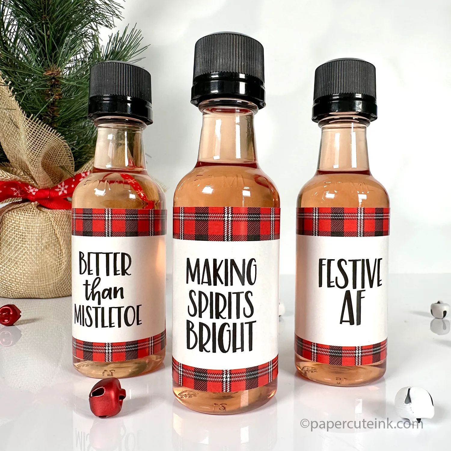 Red Plaid Holiday Liquor Bottle Labels, Set of 12 Labels