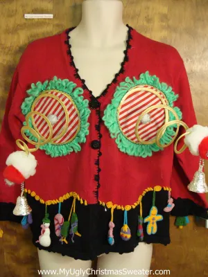 Retro Naughty Ugly Christmas Sweater with Dangling Ornaments