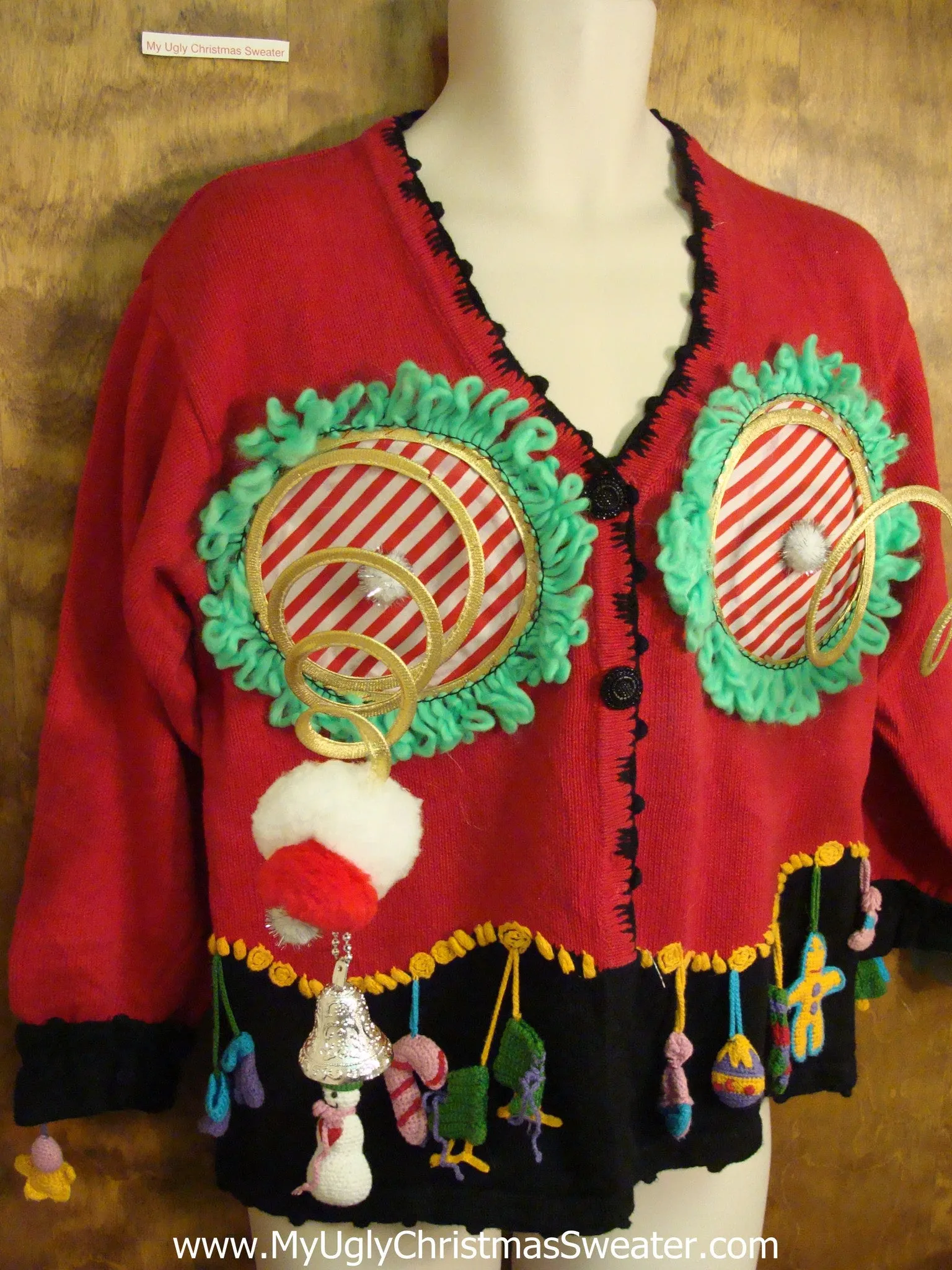 Retro Naughty Ugly Christmas Sweater with Dangling Ornaments