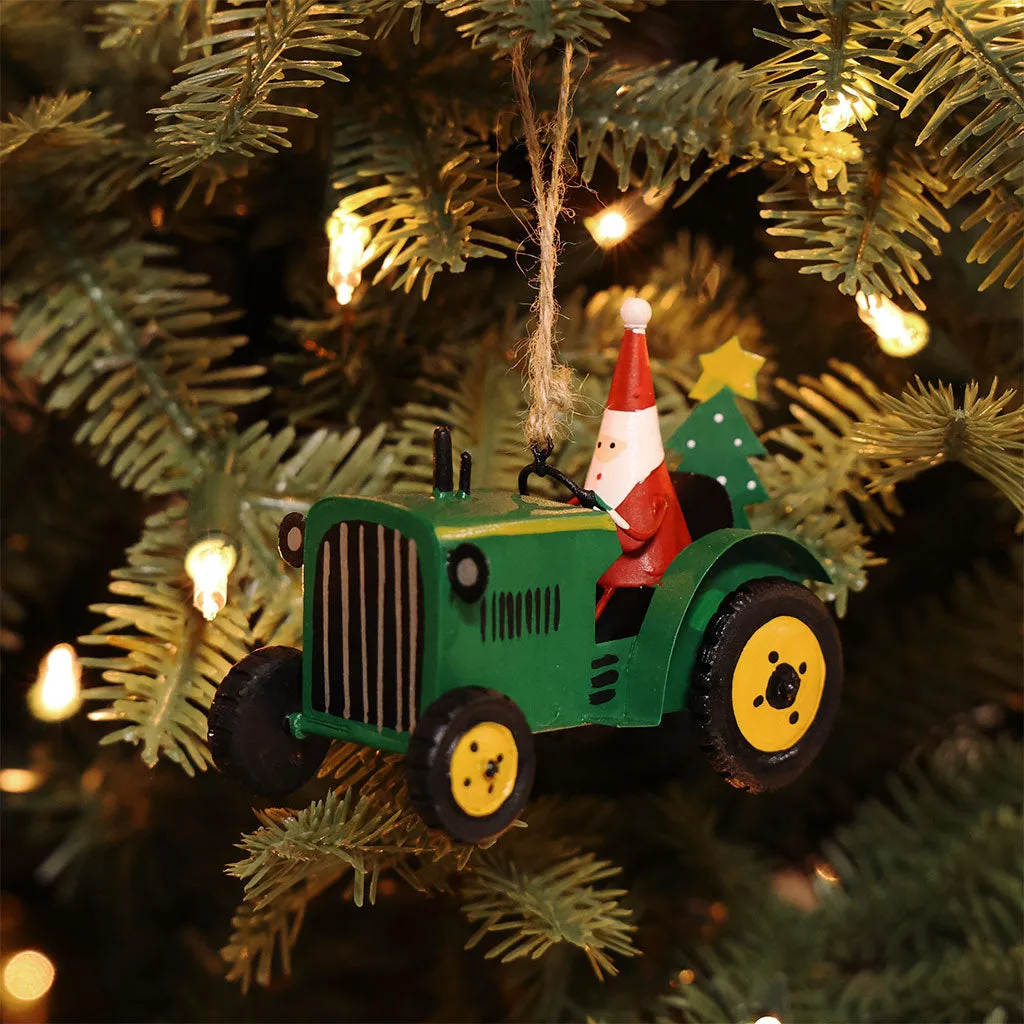 Santa On Tractor Ornament