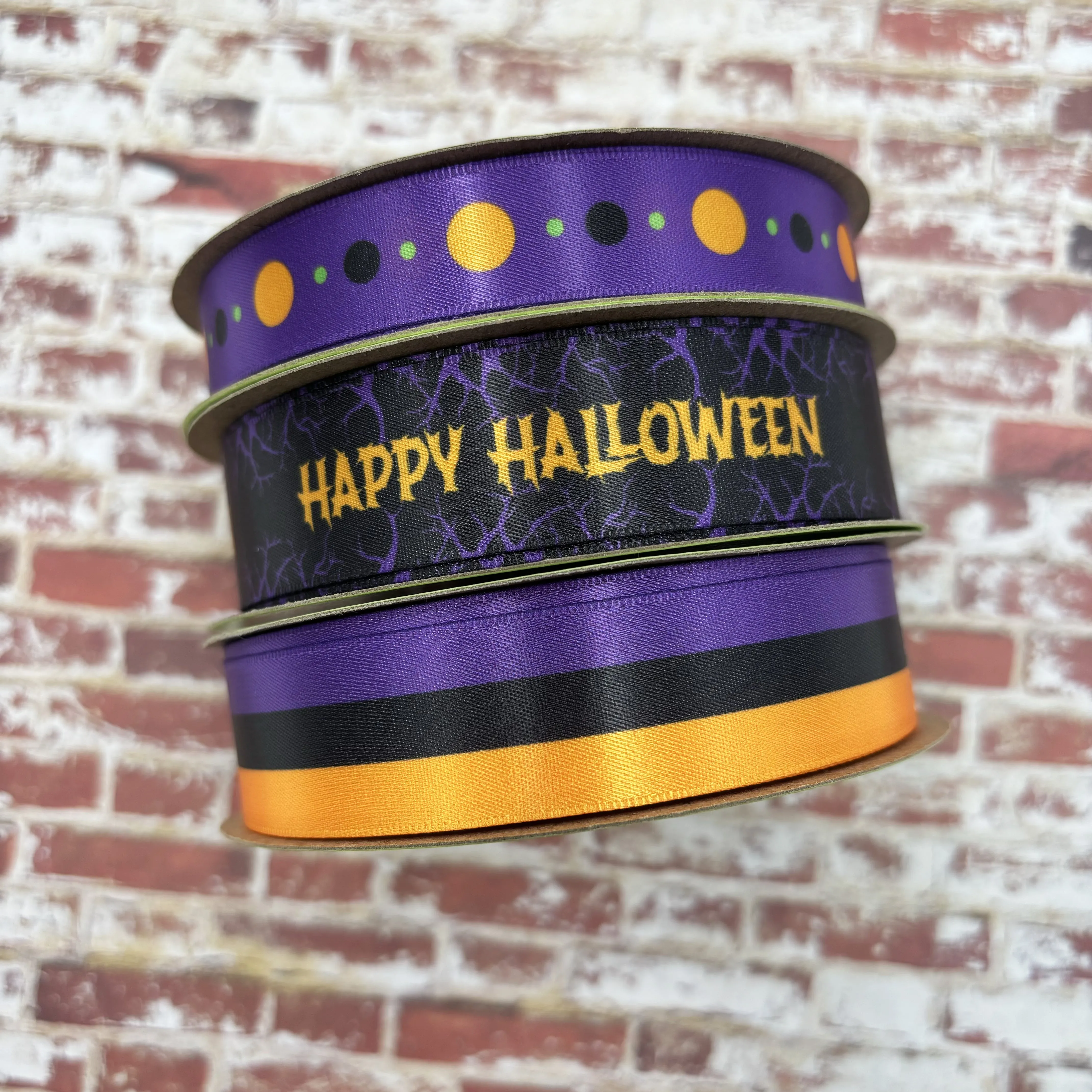 Stripes ribbon for Halloween gift wrap in two options printed on 7/8" white satin