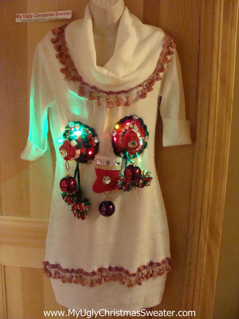 Ugly Christmas Sweater Party Tacky Dress with Lights and 3D Macrame Naughty Decorations (d62)