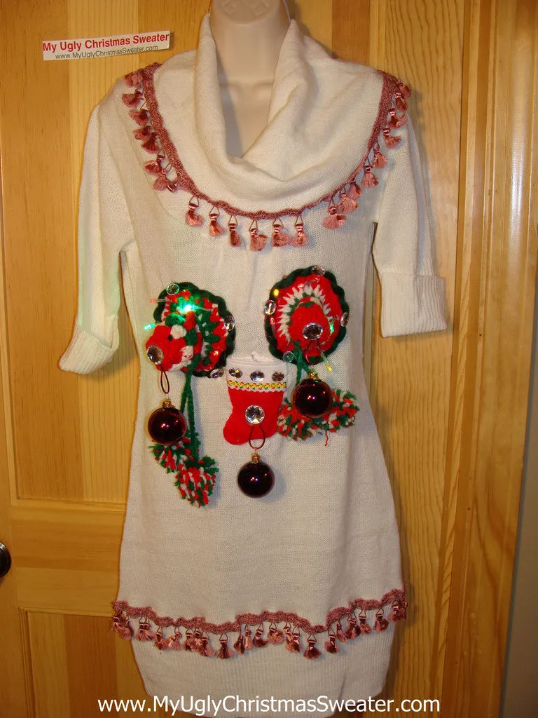 Ugly Christmas Sweater Party Tacky Dress with Lights and 3D Macrame Naughty Decorations (d62)